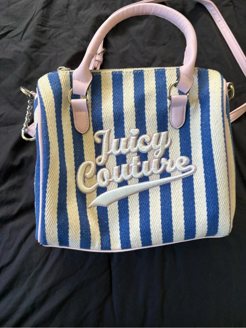Juicy Couture Blue and Cream Striped Satchel with Pink Handles